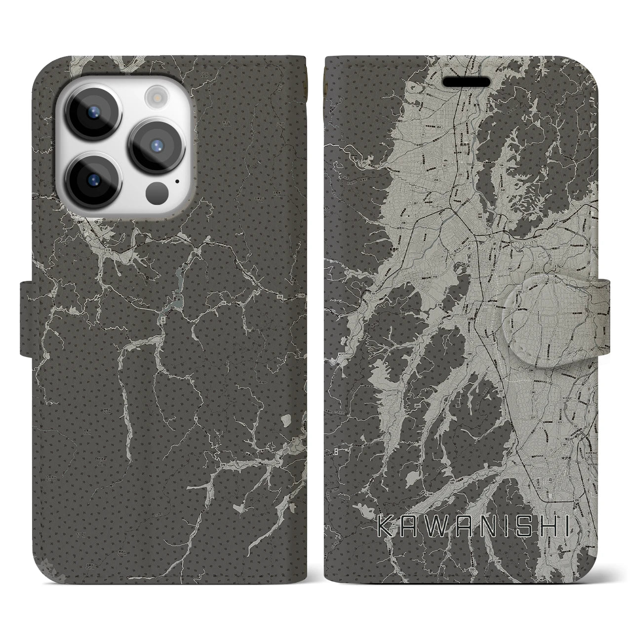 【川西(山形県)】地図柄iPhoneケース(手帳タイプ)モノトーン・iPhone 14 Pro 用