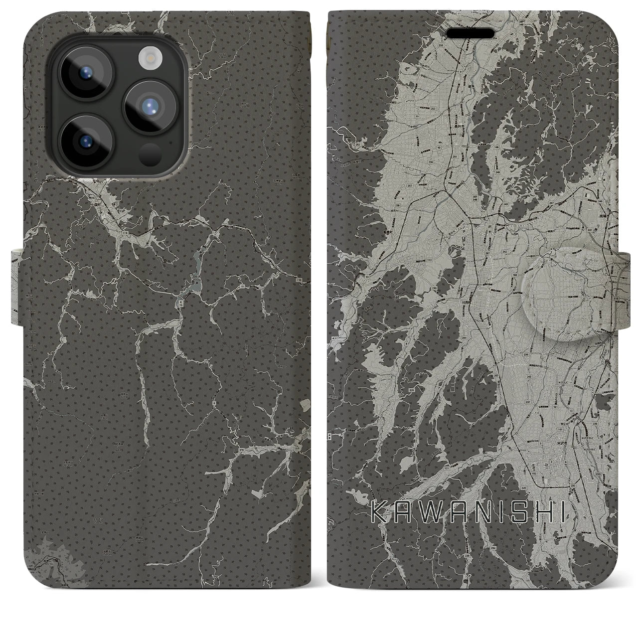 【川西(山形県)】地図柄iPhoneケース(手帳タイプ)モノトーン・iPhone 15 Pro Max 用