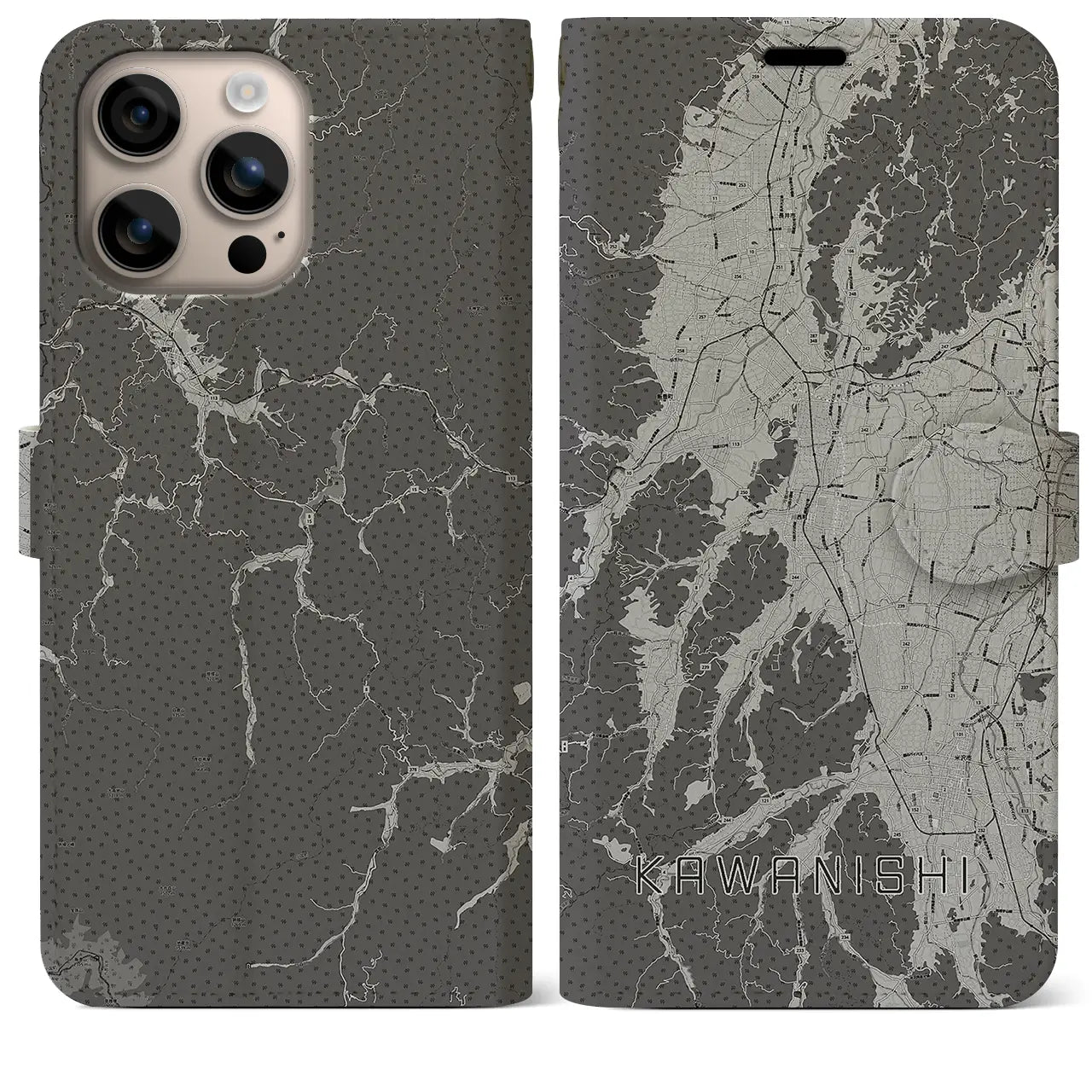 【川西(山形県)】地図柄iPhoneケース(手帳タイプ)モノトーン・iPhone 16 Plus 用