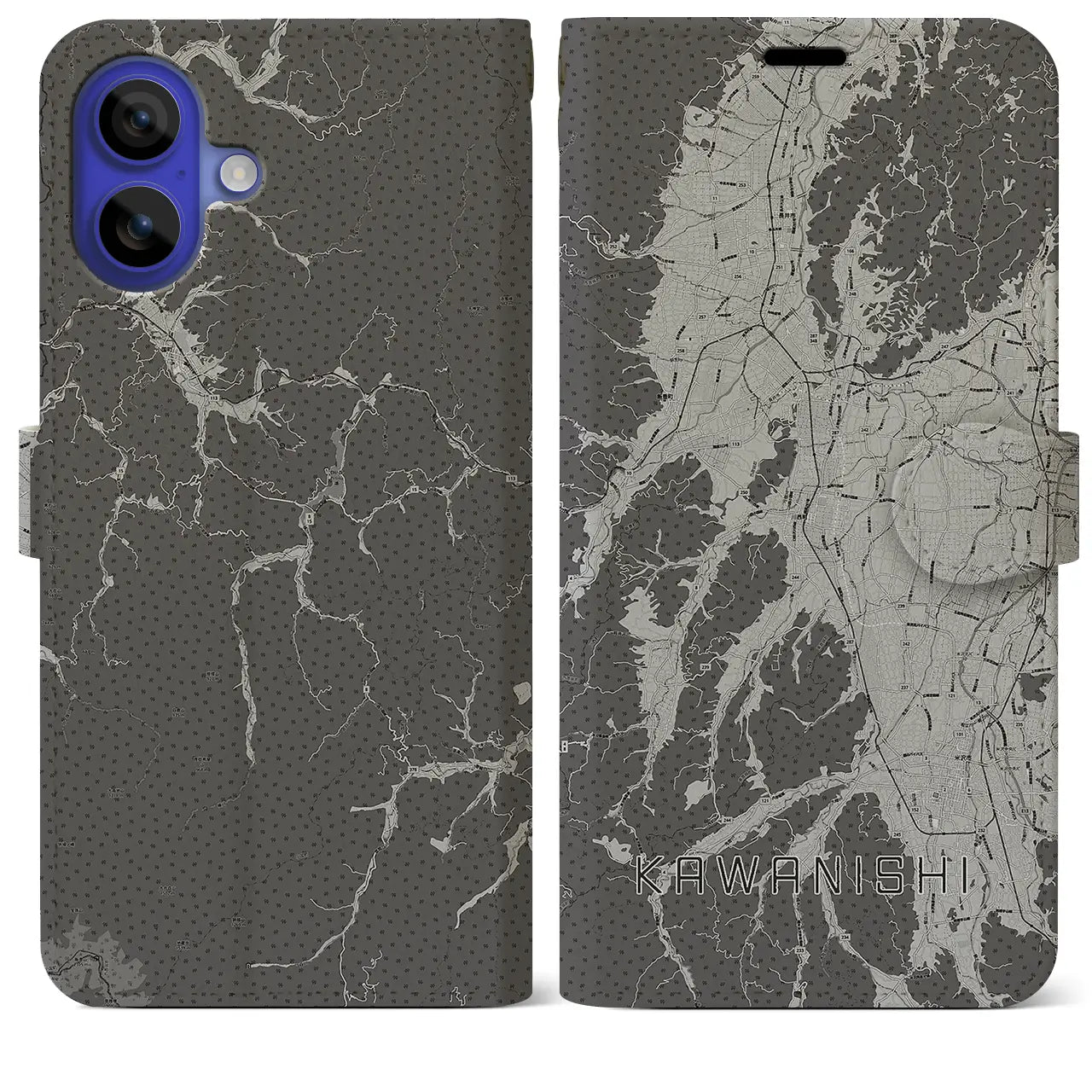 【川西(山形県)】地図柄iPhoneケース(手帳タイプ)モノトーン・iPhone 16 Pro Max 用