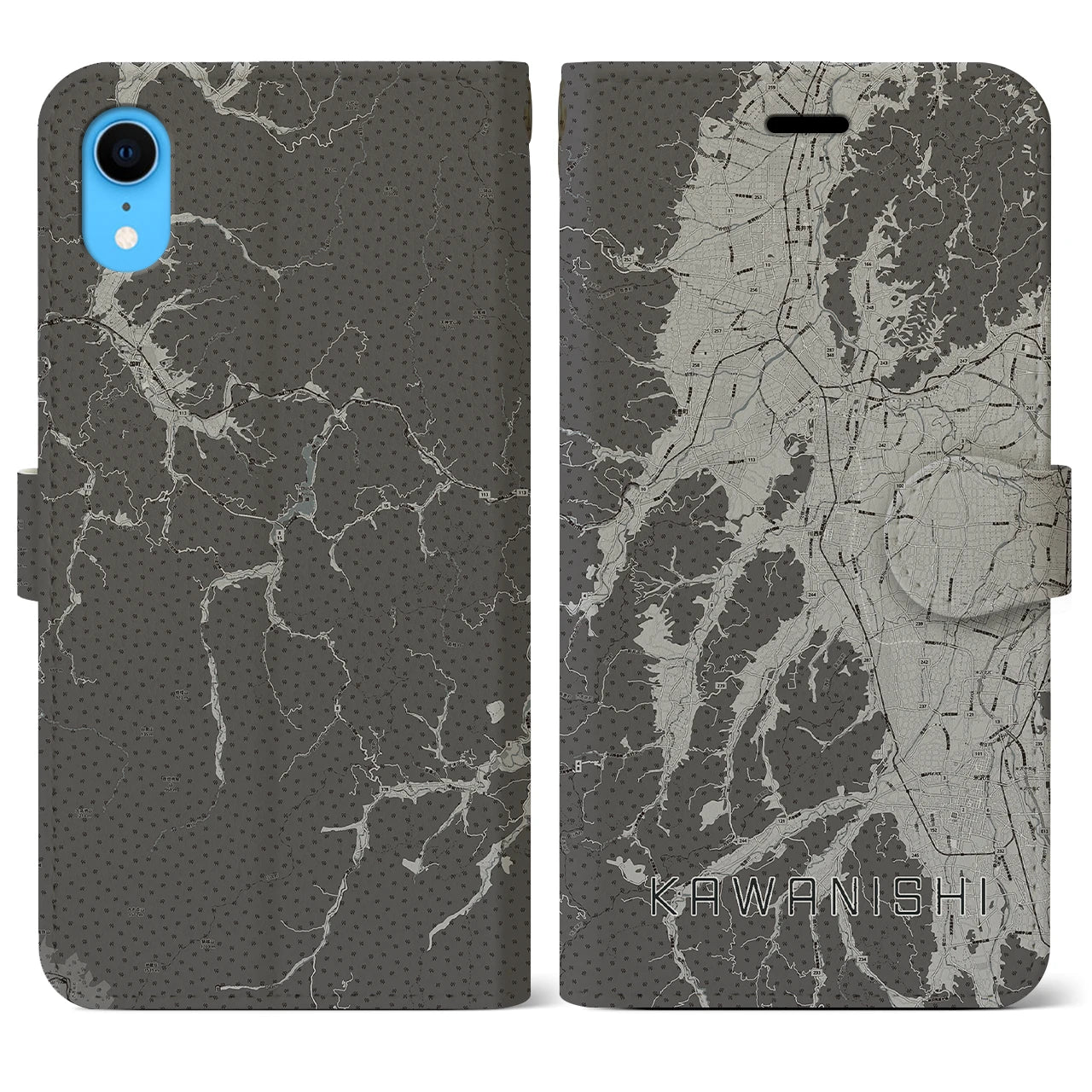 【川西(山形県)】地図柄iPhoneケース(手帳タイプ)モノトーン・iPhone XR 用