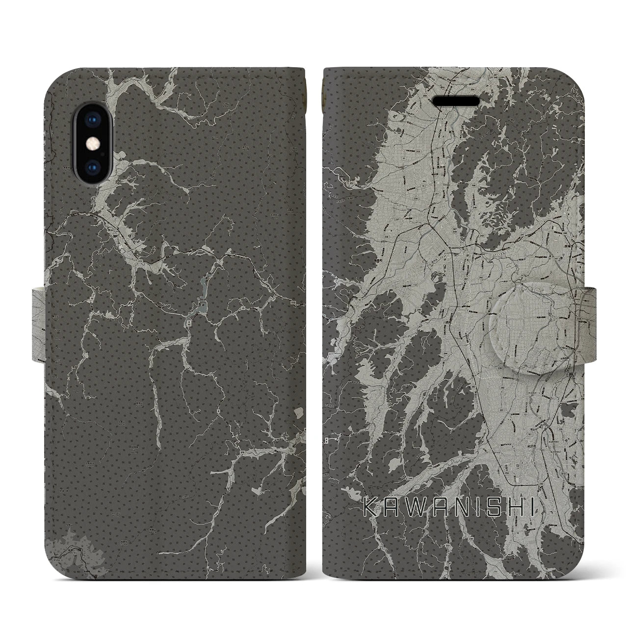 【川西(山形県)】地図柄iPhoneケース(手帳タイプ)モノトーン・iPhone XS / X 用