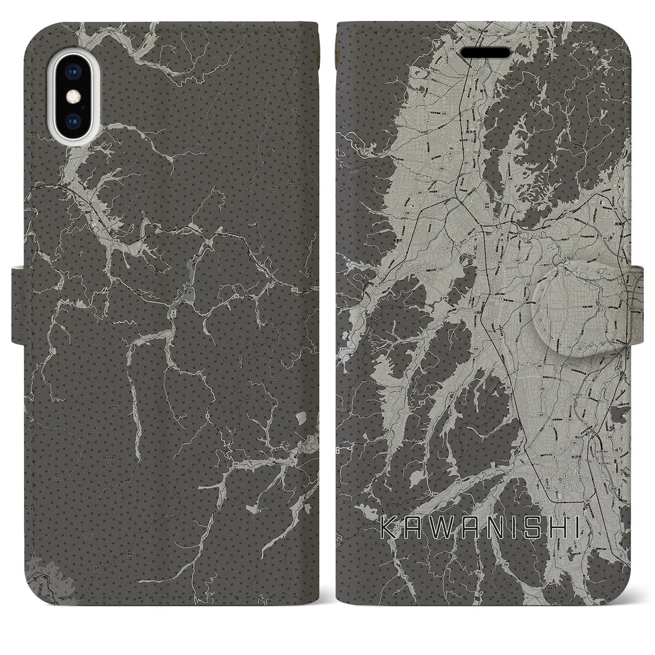 【川西(山形県)】地図柄iPhoneケース(手帳タイプ)モノトーン・iPhone XS Max 用
