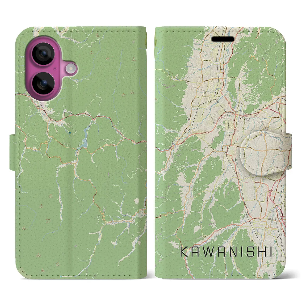【川西(山形県)】地図柄iPhoneケース(手帳タイプ)ナチュラル・iPhone 16 Pro 用