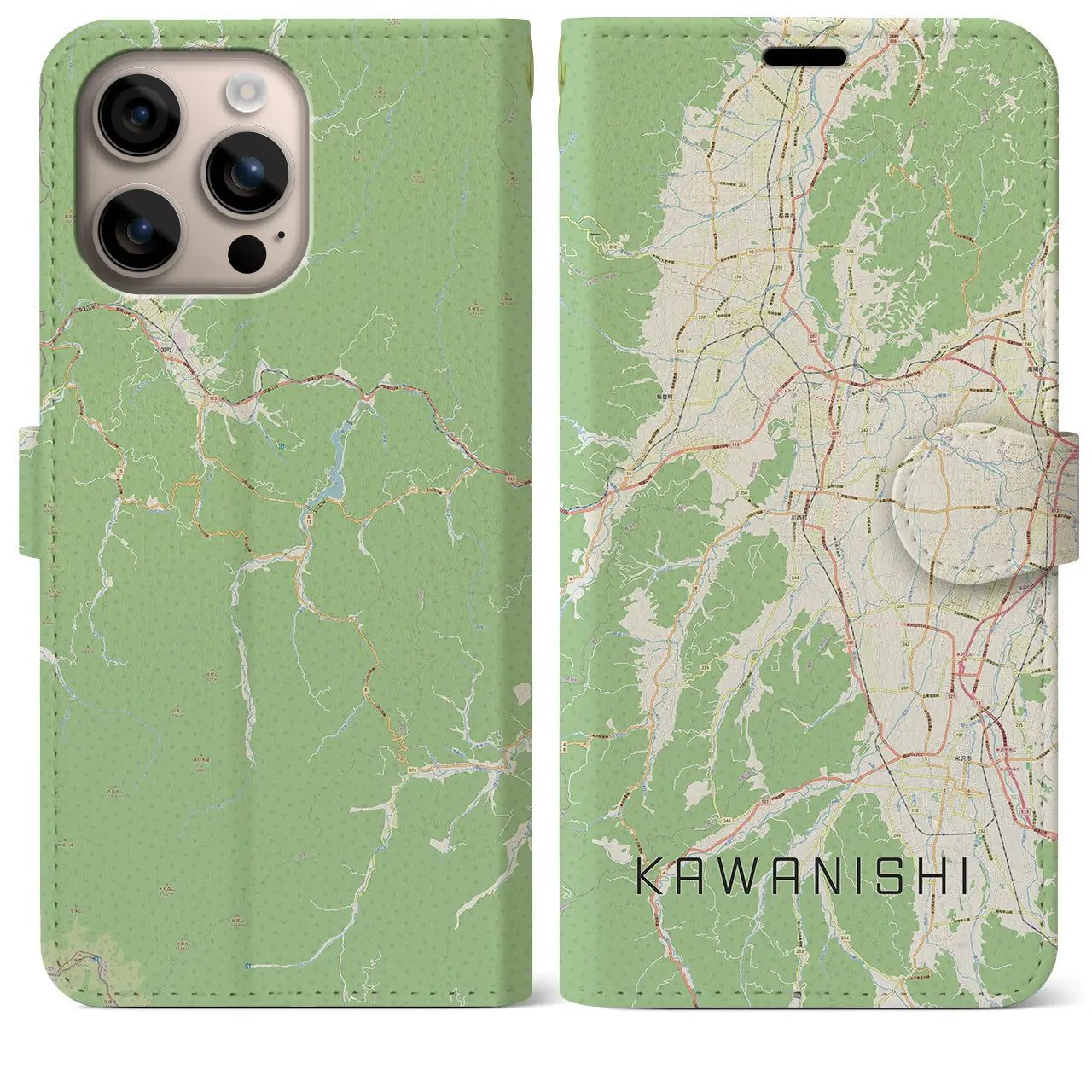【川西(山形県)】地図柄iPhoneケース(手帳タイプ)ナチュラル・iPhone 16 Plus 用