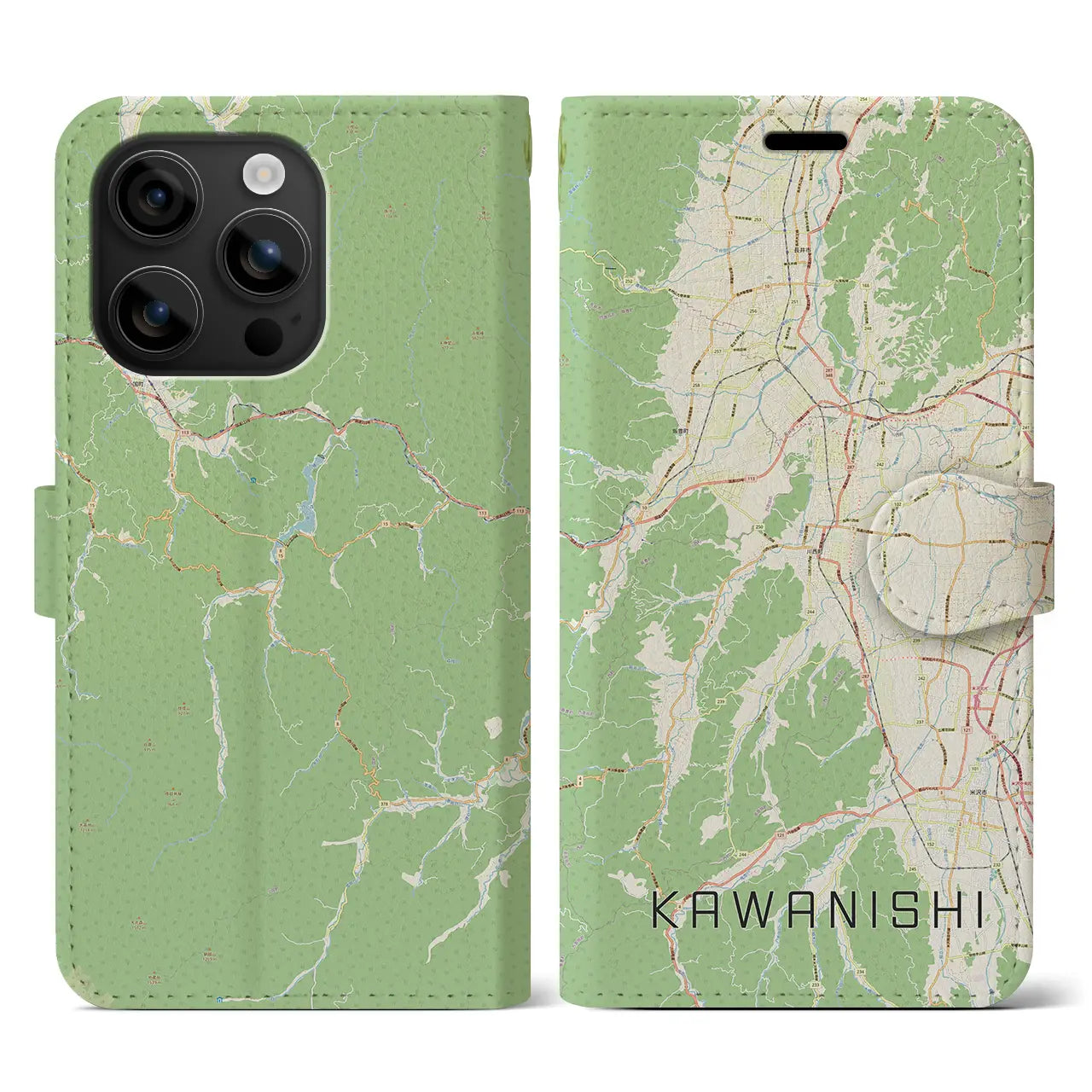 【川西(山形県)】地図柄iPhoneケース(手帳タイプ)ナチュラル・iPhone 16 用