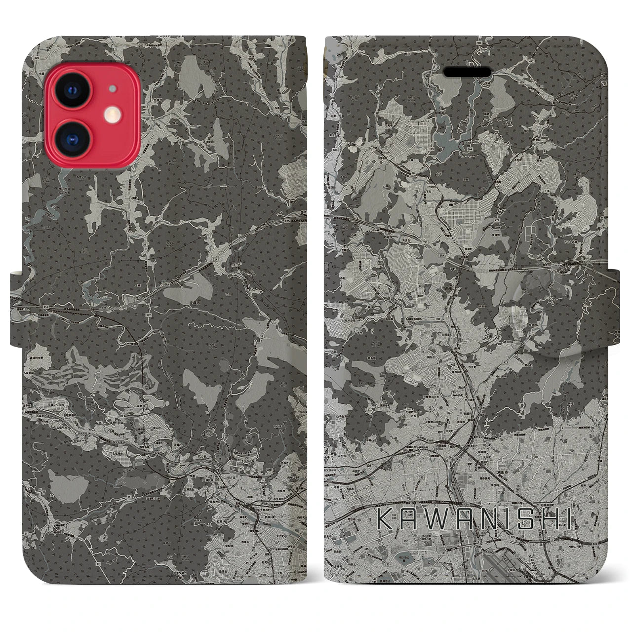 【川西(兵庫県)】地図柄iPhoneケース(手帳タイプ)モノトーン・iPhone 11 用