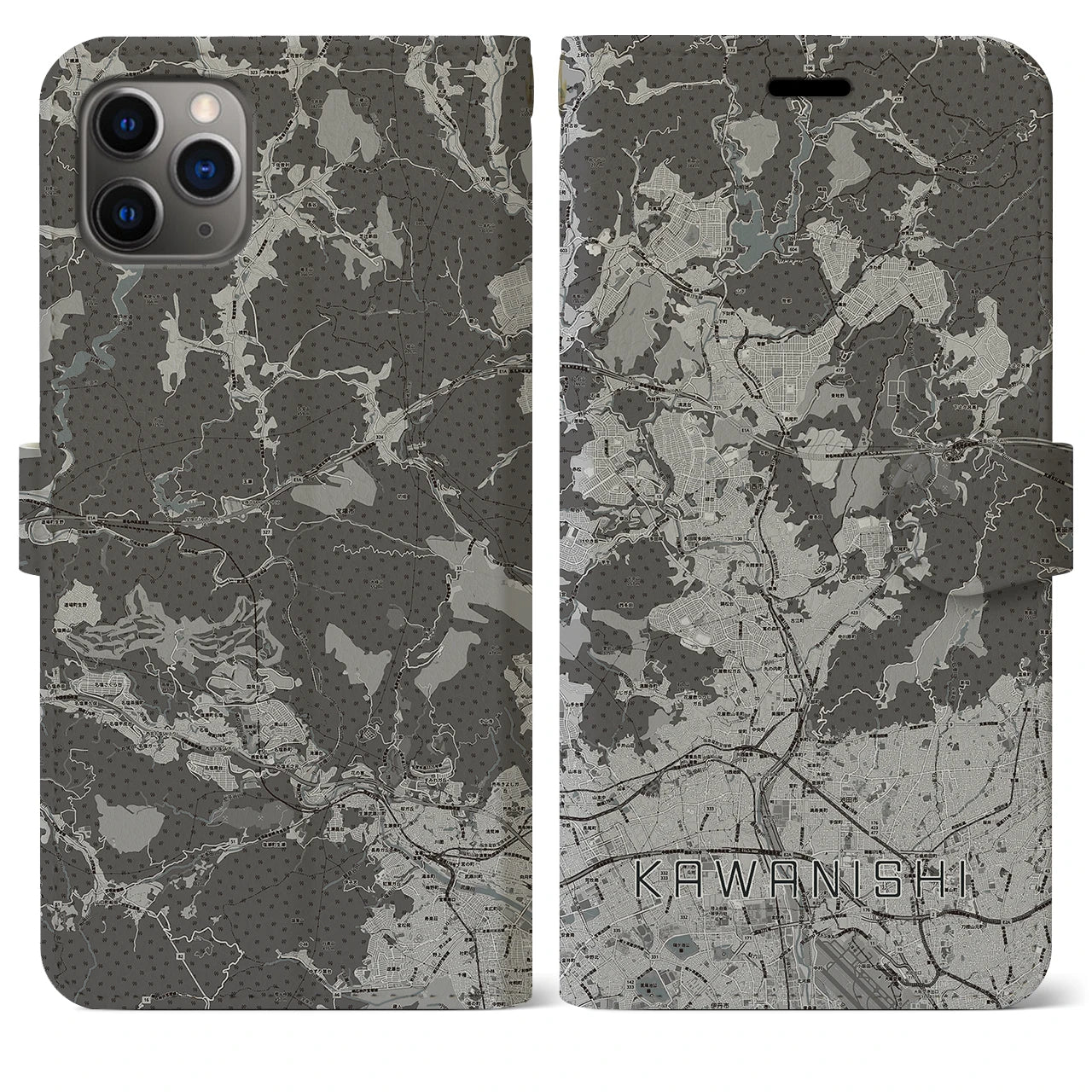 【川西(兵庫県)】地図柄iPhoneケース(手帳タイプ)モノトーン・iPhone 11 Pro Max 用