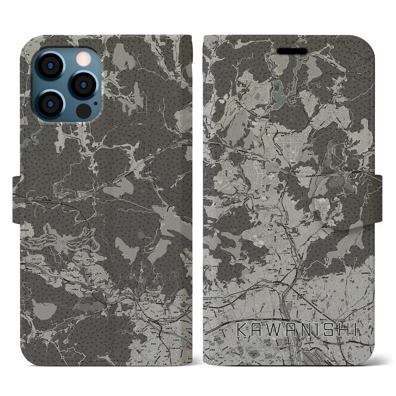 【川西(兵庫県)】地図柄iPhoneケース(手帳タイプ)モノトーン・iPhone 12 / 12 Pro 用