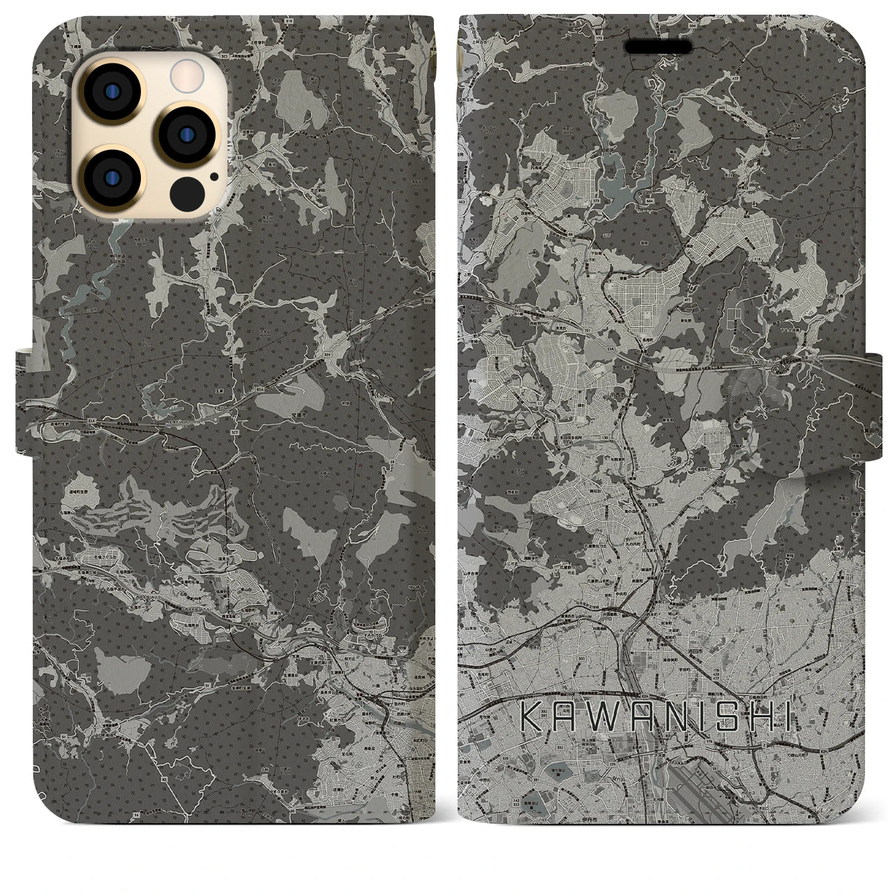 【川西(兵庫県)】地図柄iPhoneケース(手帳タイプ)モノトーン・iPhone 12 Pro Max 用