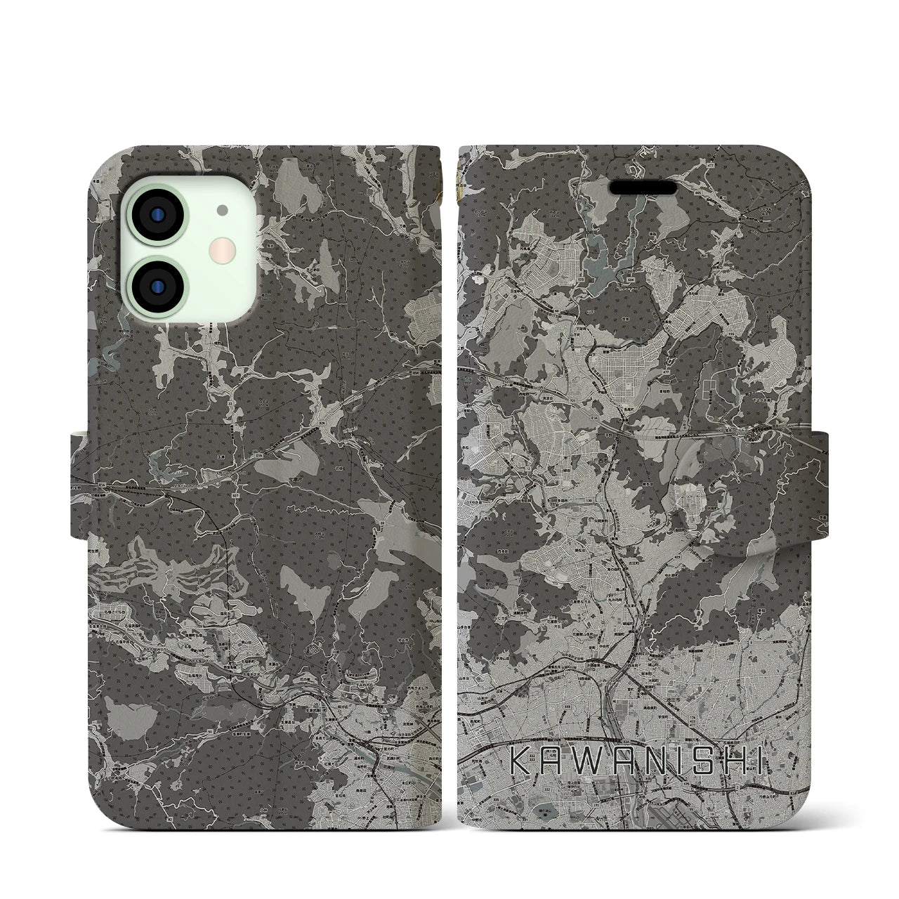 【川西(兵庫県)】地図柄iPhoneケース(手帳タイプ)モノトーン・iPhone 12 mini 用