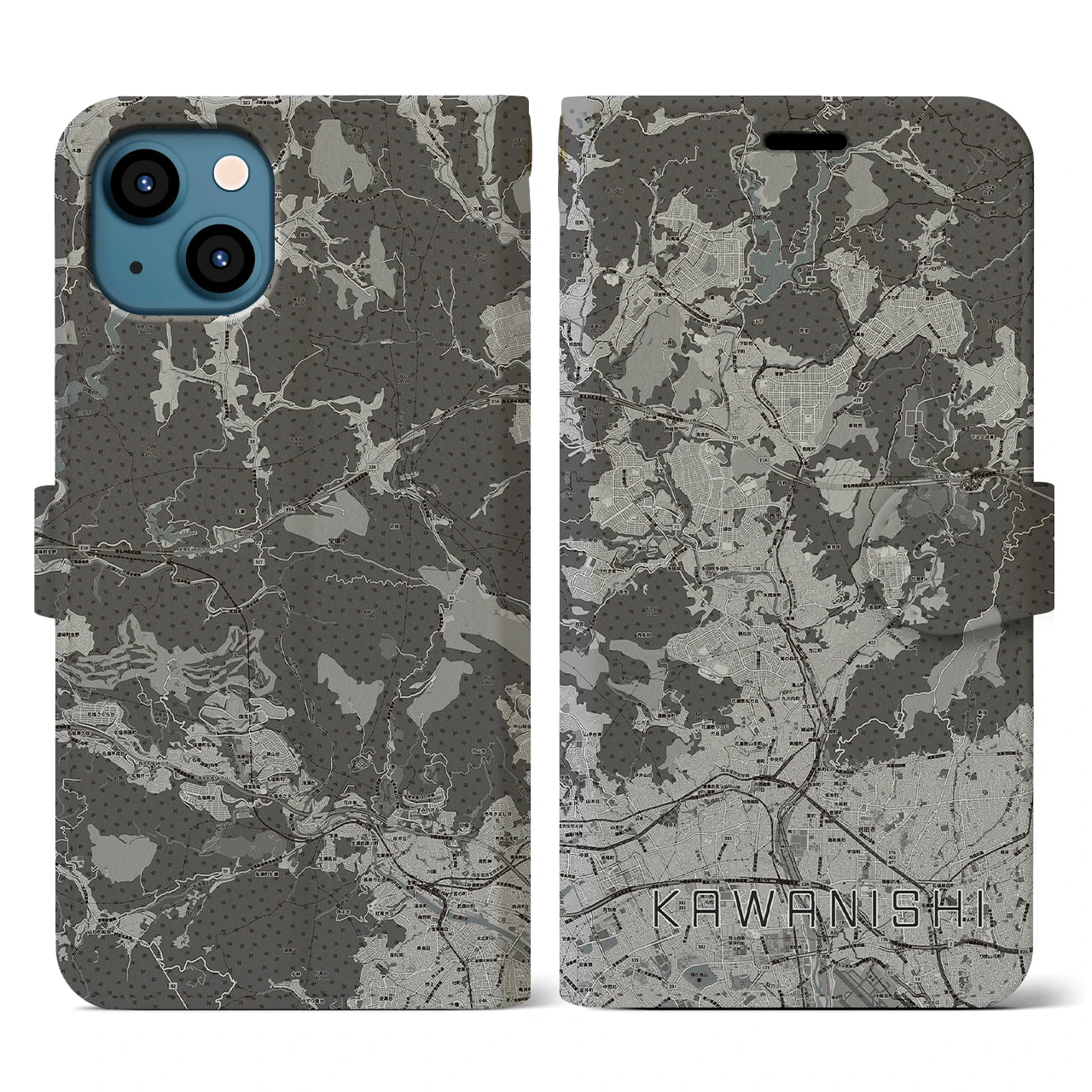 【川西(兵庫県)】地図柄iPhoneケース(手帳タイプ)モノトーン・iPhone 13 用