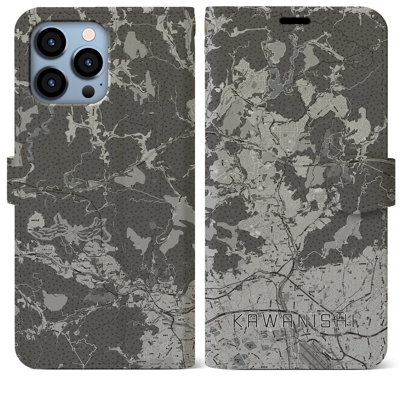【川西(兵庫県)】地図柄iPhoneケース(手帳タイプ)モノトーン・iPhone 13 Pro Max 用