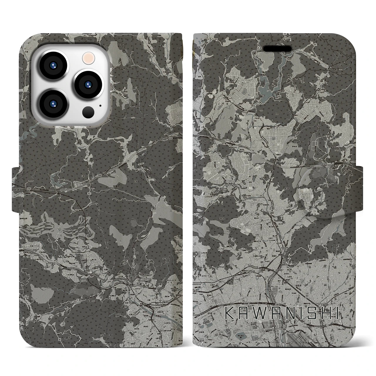 【川西(兵庫県)】地図柄iPhoneケース(手帳タイプ)モノトーン・iPhone 13 Pro 用