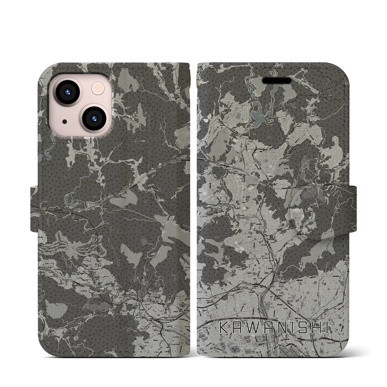 【川西(兵庫県)】地図柄iPhoneケース(手帳タイプ)モノトーン・iPhone 13 mini 用