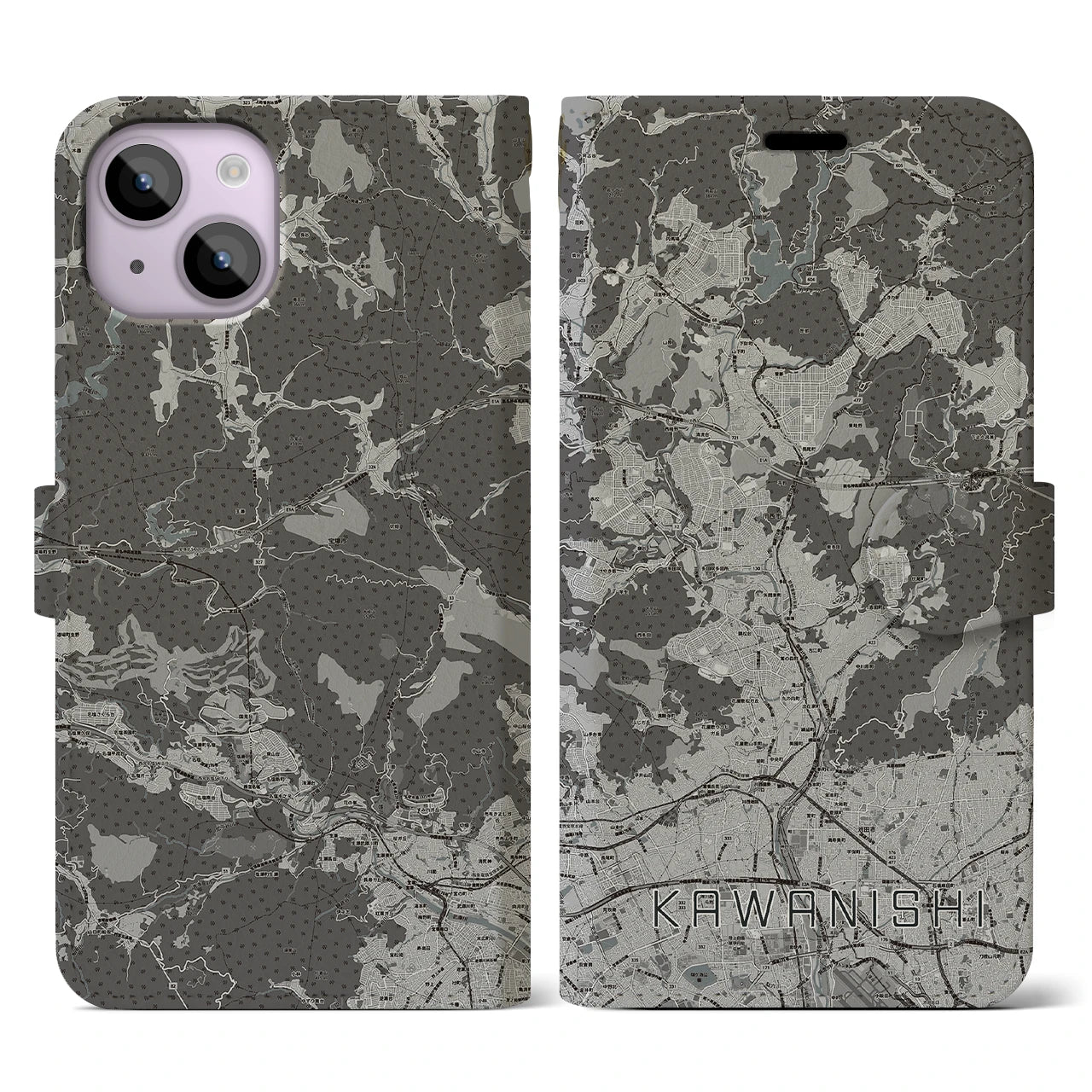 【川西(兵庫県)】地図柄iPhoneケース(手帳タイプ)モノトーン・iPhone 14 用