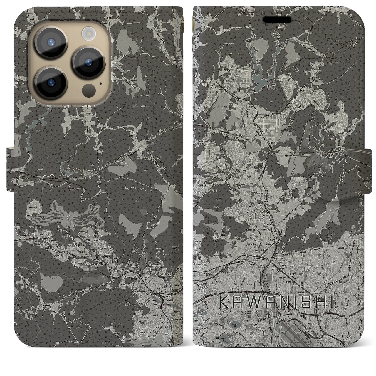 【川西(兵庫県)】地図柄iPhoneケース(手帳タイプ)モノトーン・iPhone 14 Pro Max 用