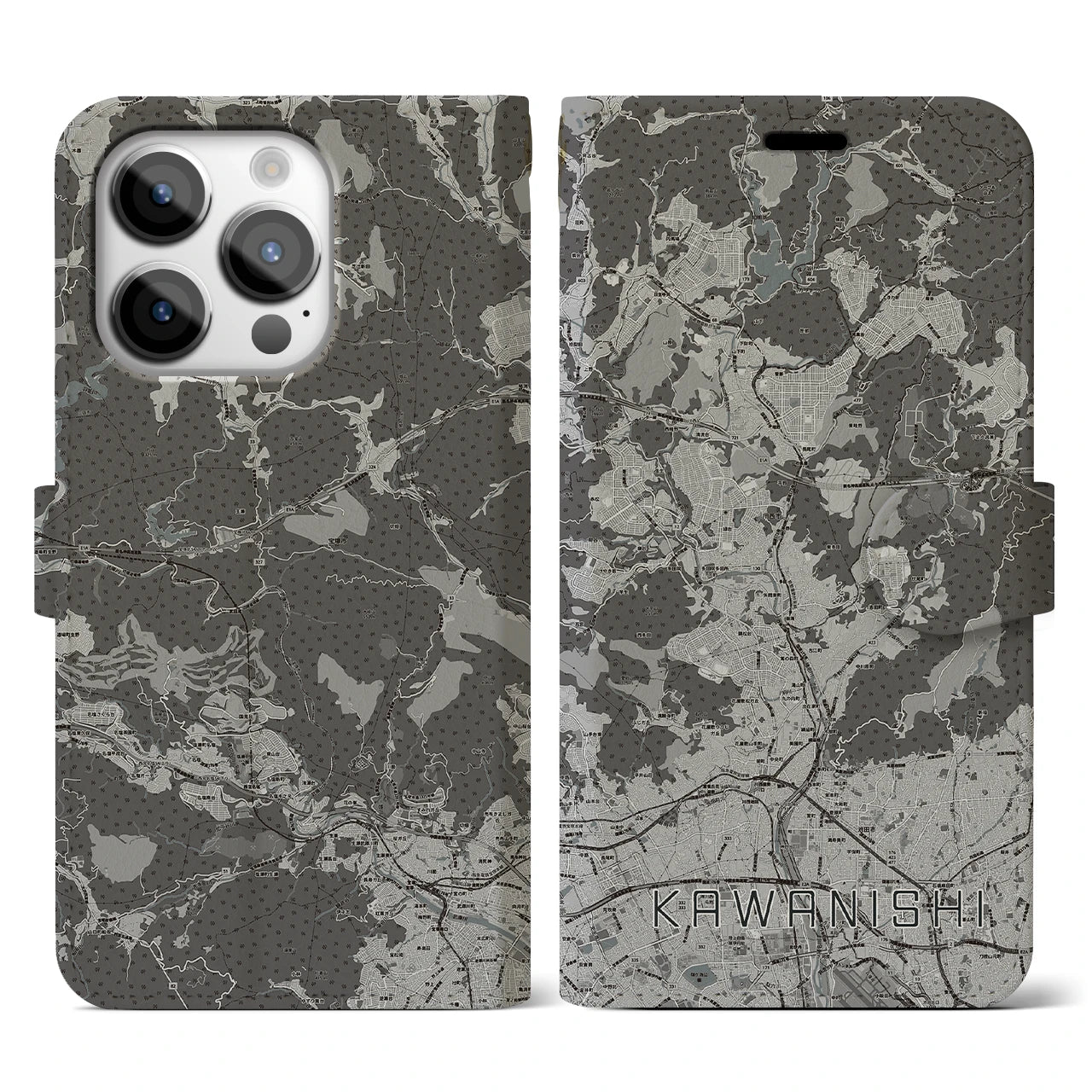 【川西(兵庫県)】地図柄iPhoneケース(手帳タイプ)モノトーン・iPhone 14 Pro 用