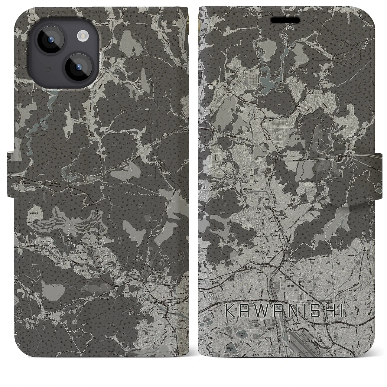 【川西(兵庫県)】地図柄iPhoneケース(手帳タイプ)モノトーン・iPhone 14 Plus 用