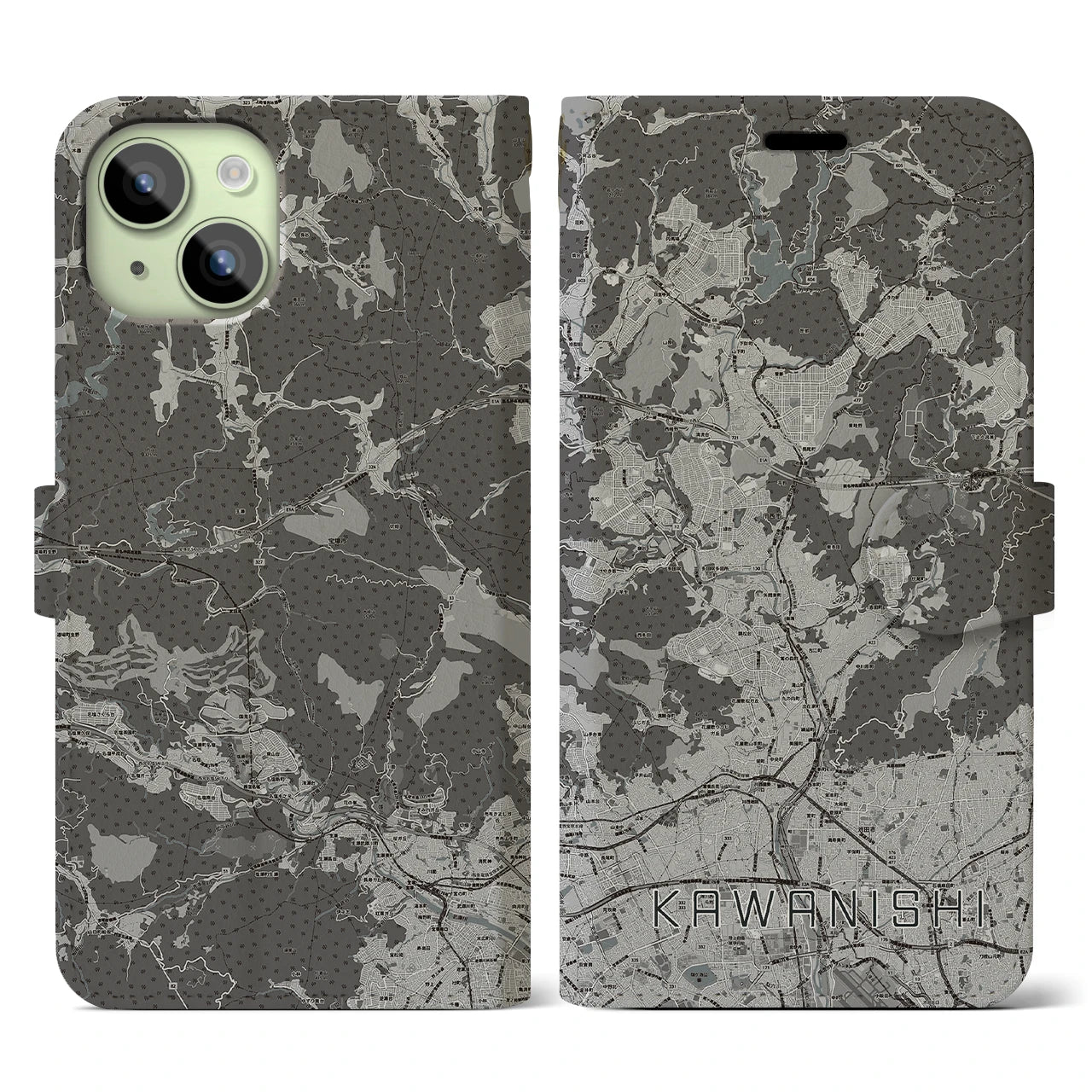 【川西(兵庫県)】地図柄iPhoneケース(手帳タイプ)モノトーン・iPhone 15 用