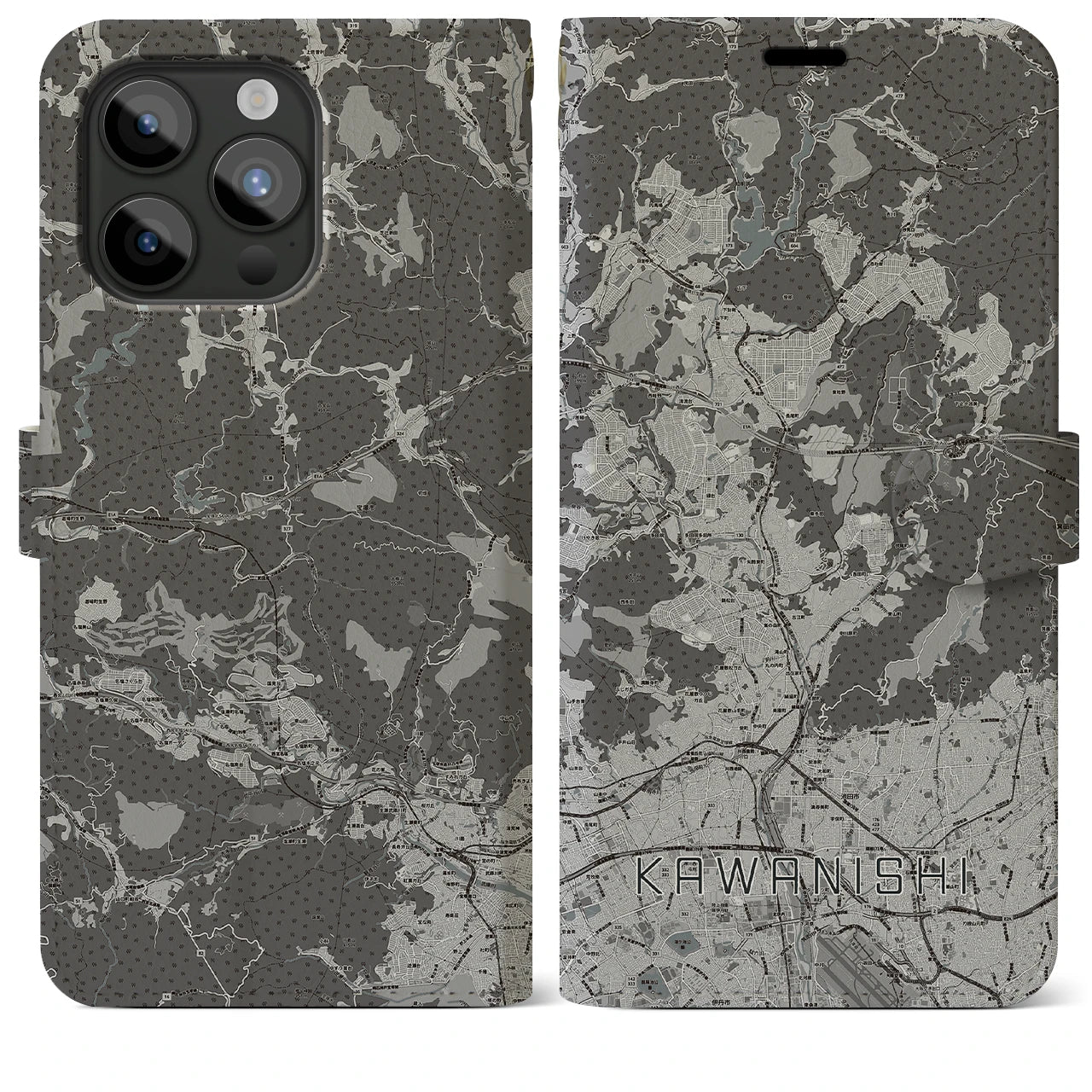 【川西(兵庫県)】地図柄iPhoneケース(手帳タイプ)モノトーン・iPhone 15 Pro Max 用