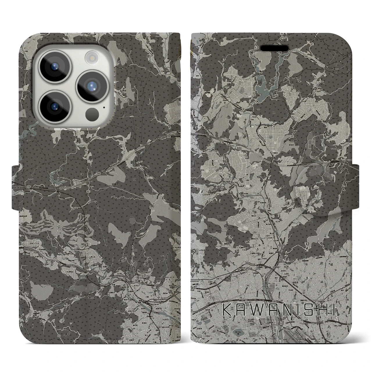 【川西(兵庫県)】地図柄iPhoneケース(手帳タイプ)モノトーン・iPhone 15 Pro 用