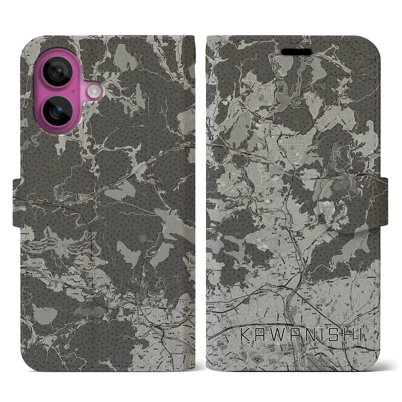 【川西(兵庫県)】地図柄iPhoneケース(手帳タイプ)モノトーン・iPhone 16 Pro 用
