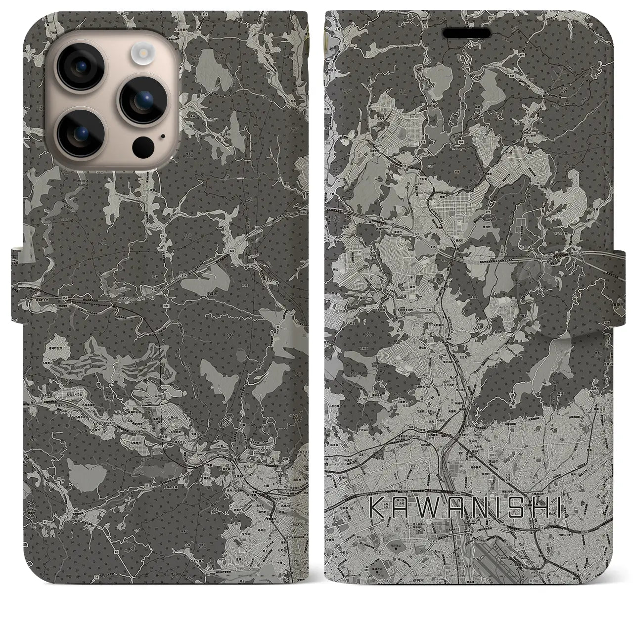 【川西(兵庫県)】地図柄iPhoneケース(手帳タイプ)モノトーン・iPhone 16 Plus 用