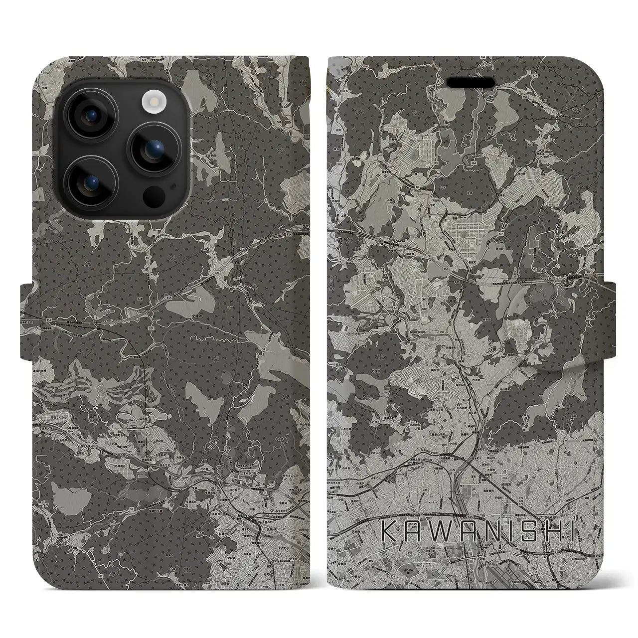【川西(兵庫県)】地図柄iPhoneケース(手帳タイプ)モノトーン・iPhone 16 用