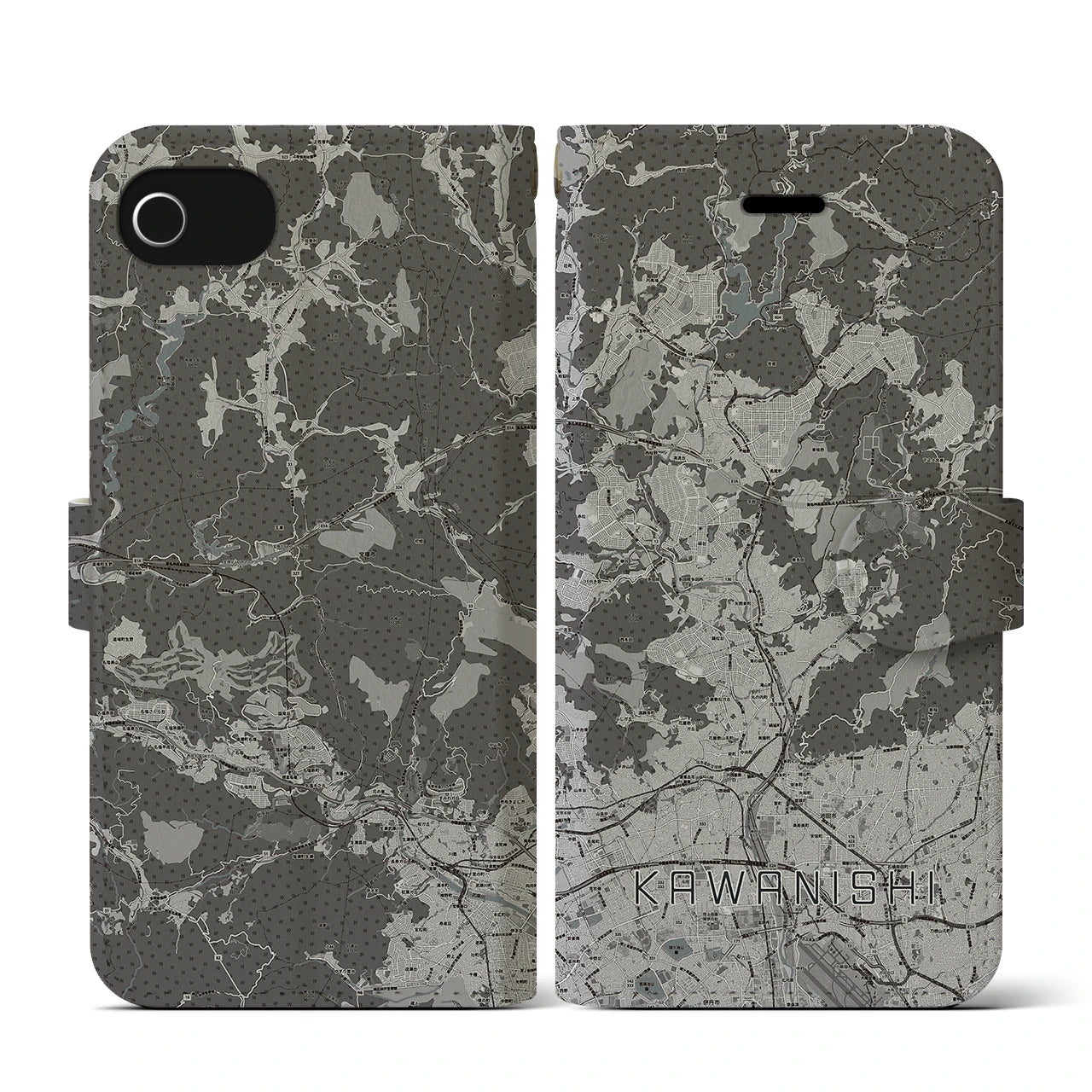 【川西(兵庫県)】地図柄iPhoneケース(手帳タイプ)モノトーン・iPhone SE(第3 / 第2世代) / 8 / 7 / 6s / 6 用