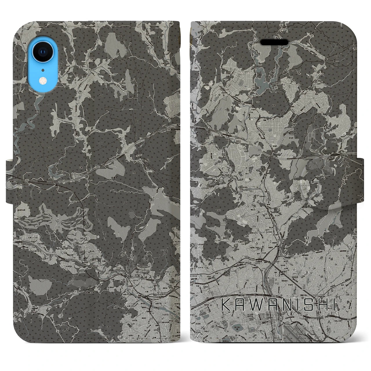 【川西(兵庫県)】地図柄iPhoneケース(手帳タイプ)モノトーン・iPhone XR 用