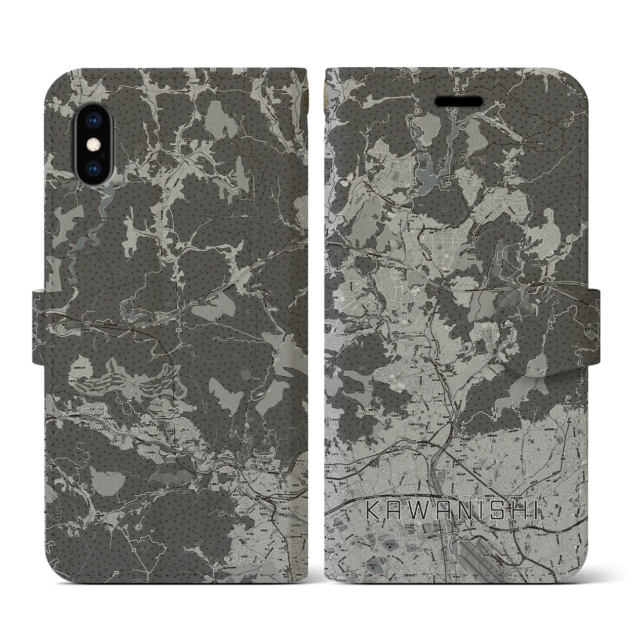 【川西(兵庫県)】地図柄iPhoneケース(手帳タイプ)モノトーン・iPhone XS / X 用