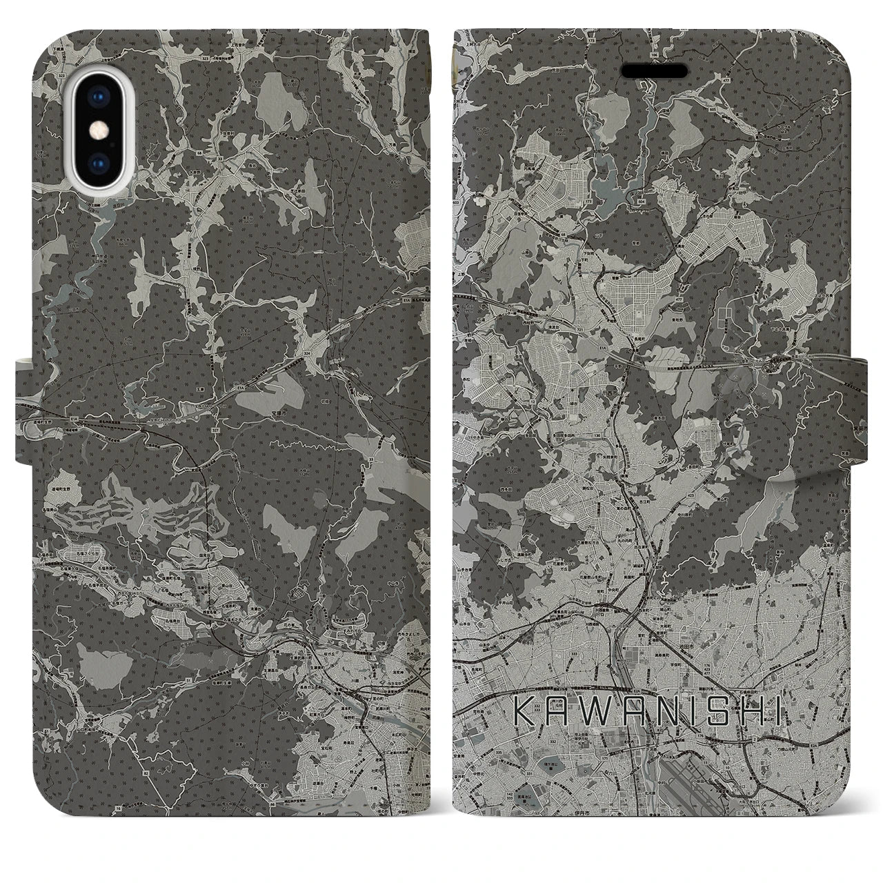 【川西(兵庫県)】地図柄iPhoneケース(手帳タイプ)モノトーン・iPhone XS Max 用