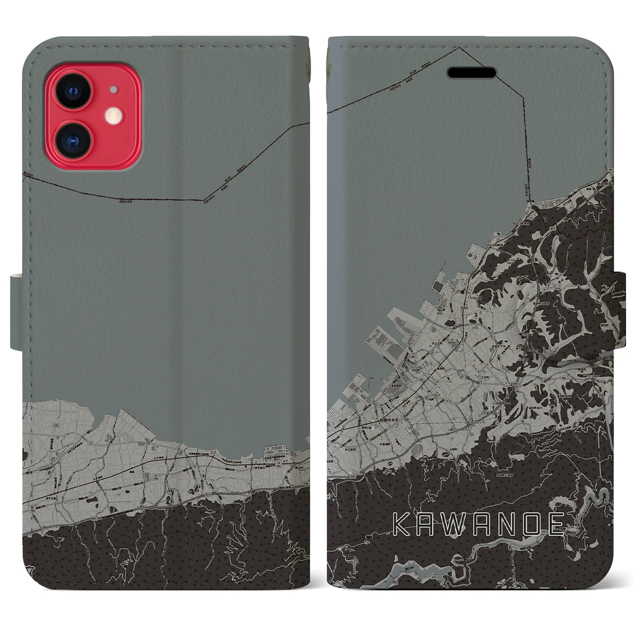 【川之江(愛媛県)】地図柄iPhoneケース(手帳タイプ)モノトーン・iPhone 11 用