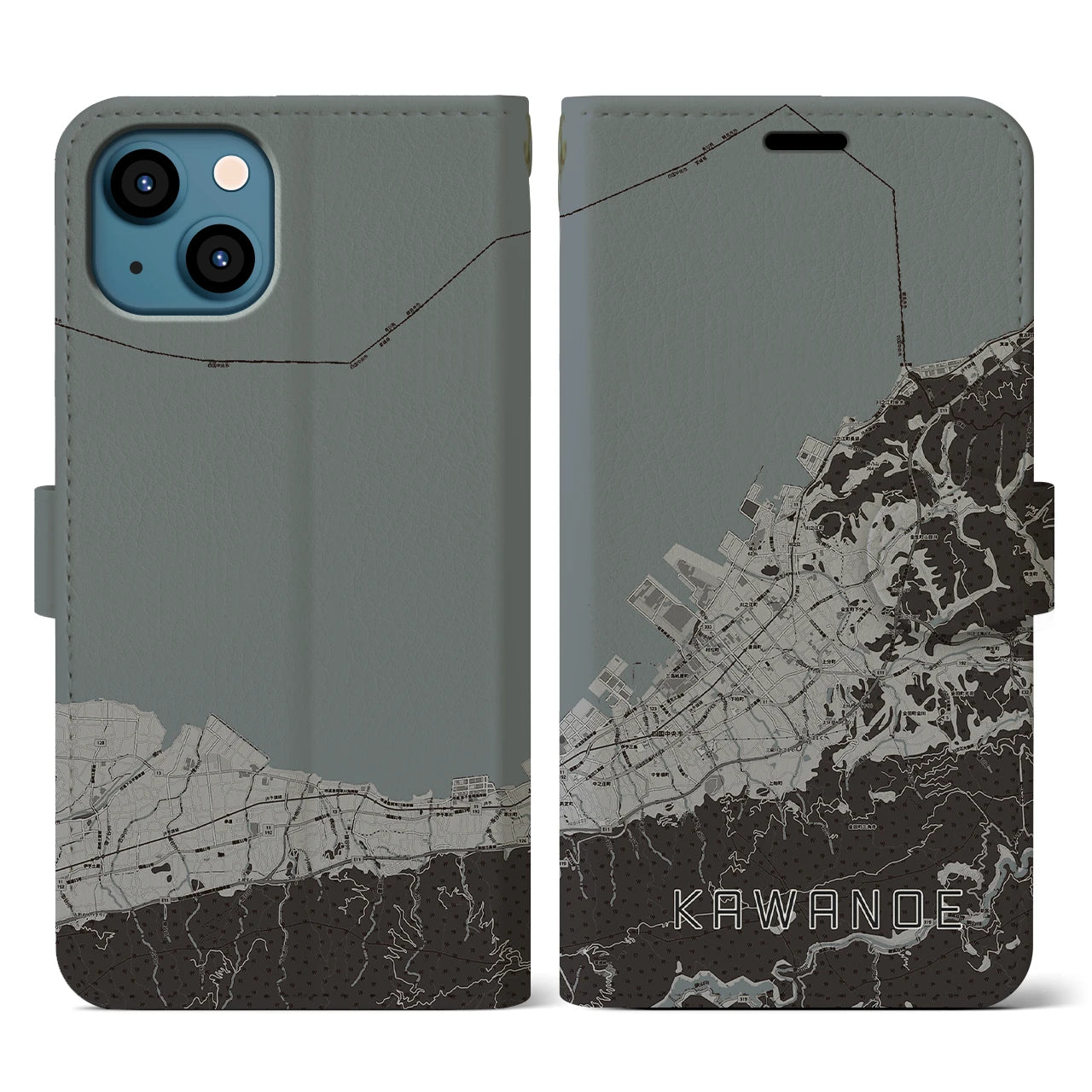 【川之江(愛媛県)】地図柄iPhoneケース(手帳タイプ)モノトーン・iPhone 13 用