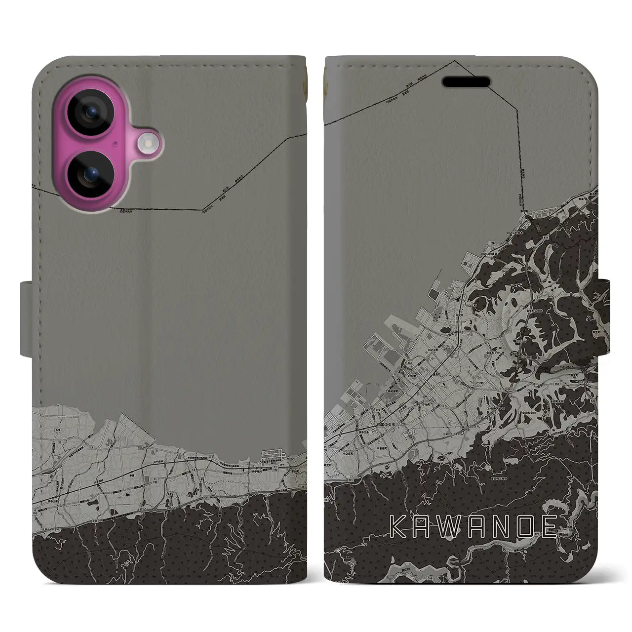 【川之江(愛媛県)】地図柄iPhoneケース(手帳タイプ)モノトーン・iPhone 16 Pro 用