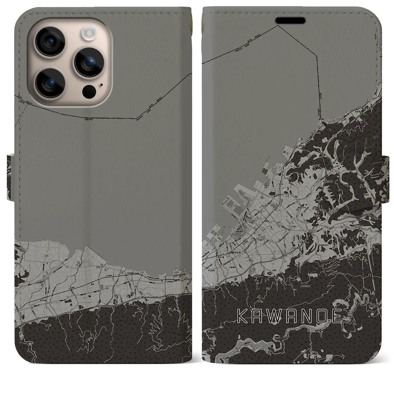 【川之江(愛媛県)】地図柄iPhoneケース(手帳タイプ)モノトーン・iPhone 16 Plus 用