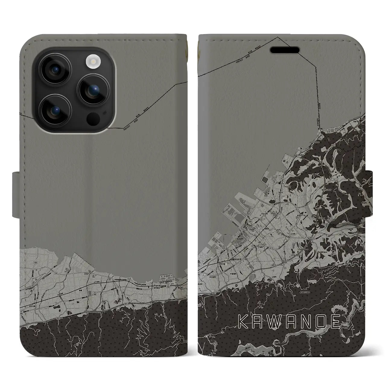 【川之江(愛媛県)】地図柄iPhoneケース(手帳タイプ)モノトーン・iPhone 16 用