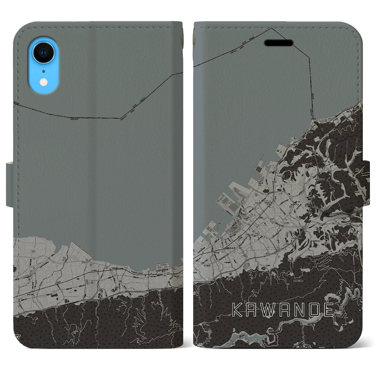 【川之江(愛媛県)】地図柄iPhoneケース(手帳タイプ)モノトーン・iPhone XR 用