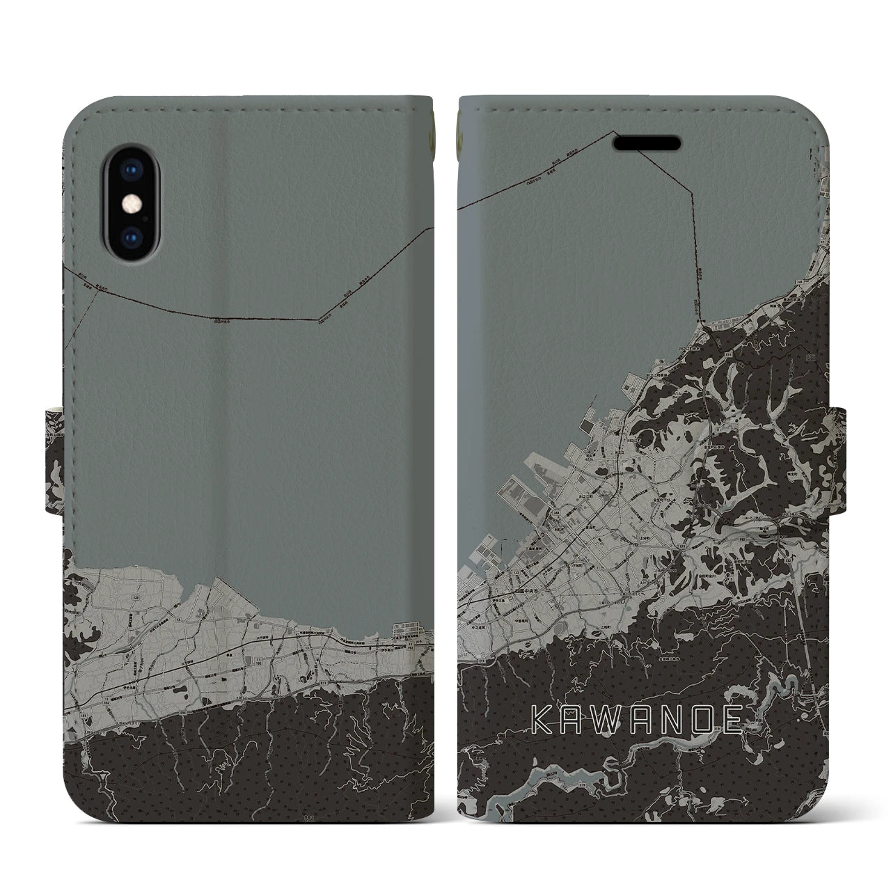 【川之江(愛媛県)】地図柄iPhoneケース(手帳タイプ)モノトーン・iPhone XS / X 用