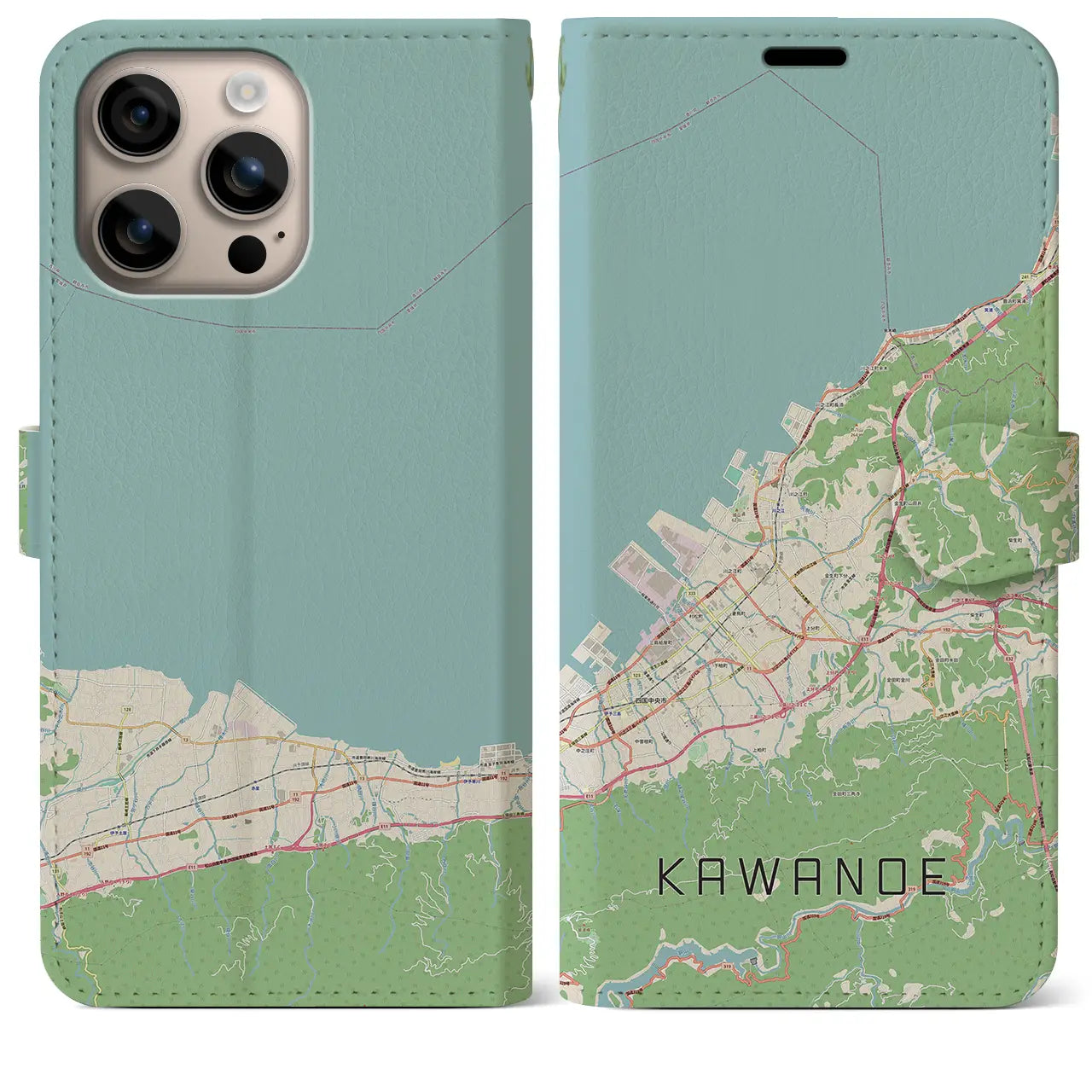 【川之江(愛媛県)】地図柄iPhoneケース(手帳タイプ)ナチュラル・iPhone 16 Plus 用