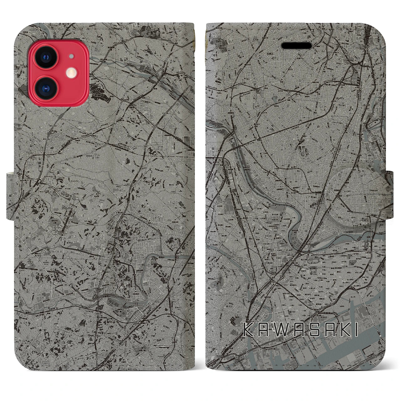 【川崎(神奈川県)】地図柄iPhoneケース(手帳タイプ)モノトーン・iPhone 11 用
