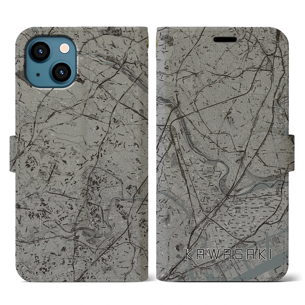 【川崎(神奈川県)】地図柄iPhoneケース(手帳タイプ)モノトーン・iPhone 13 用