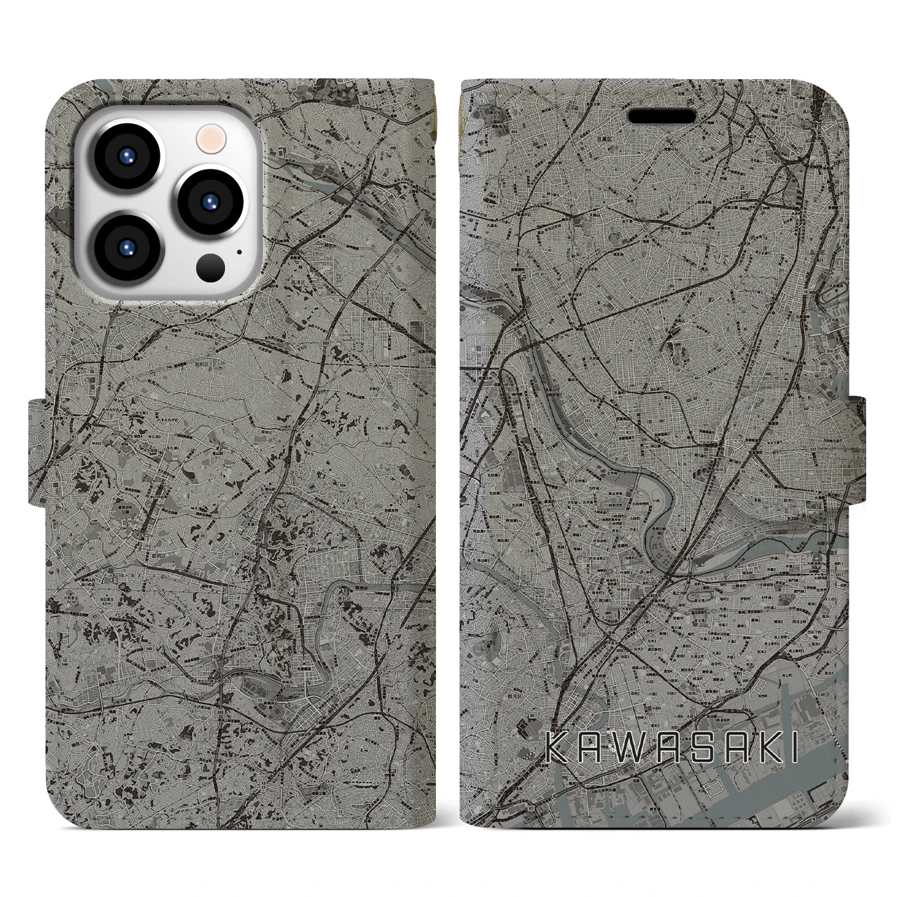 【川崎(神奈川県)】地図柄iPhoneケース(手帳タイプ)モノトーン・iPhone 13 Pro 用