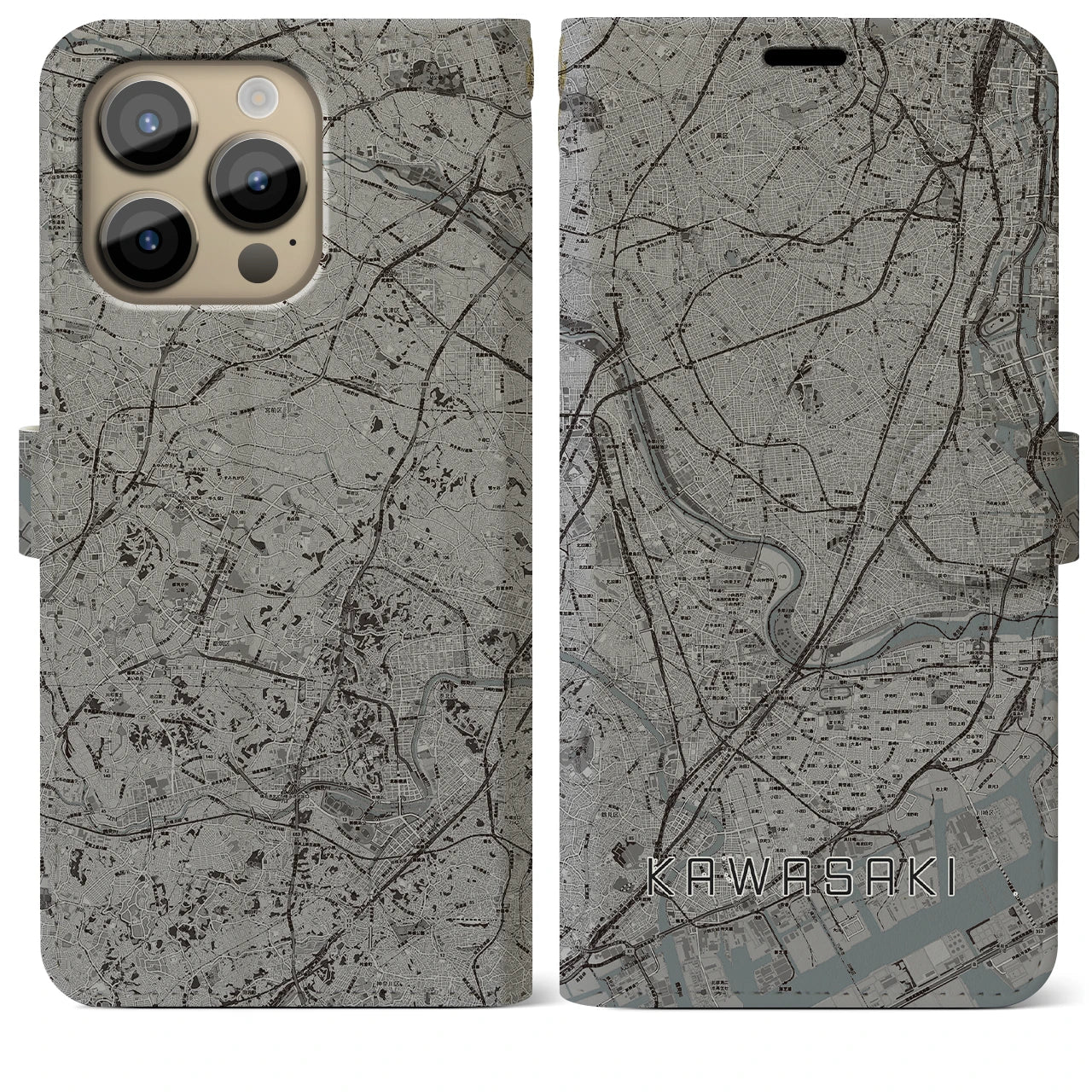 【川崎(神奈川県)】地図柄iPhoneケース(手帳タイプ)モノトーン・iPhone 14 Pro Max 用