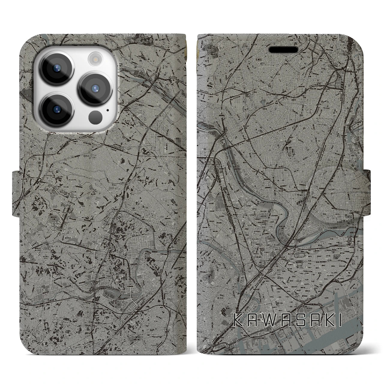 【川崎(神奈川県)】地図柄iPhoneケース(手帳タイプ)モノトーン・iPhone 14 Pro 用