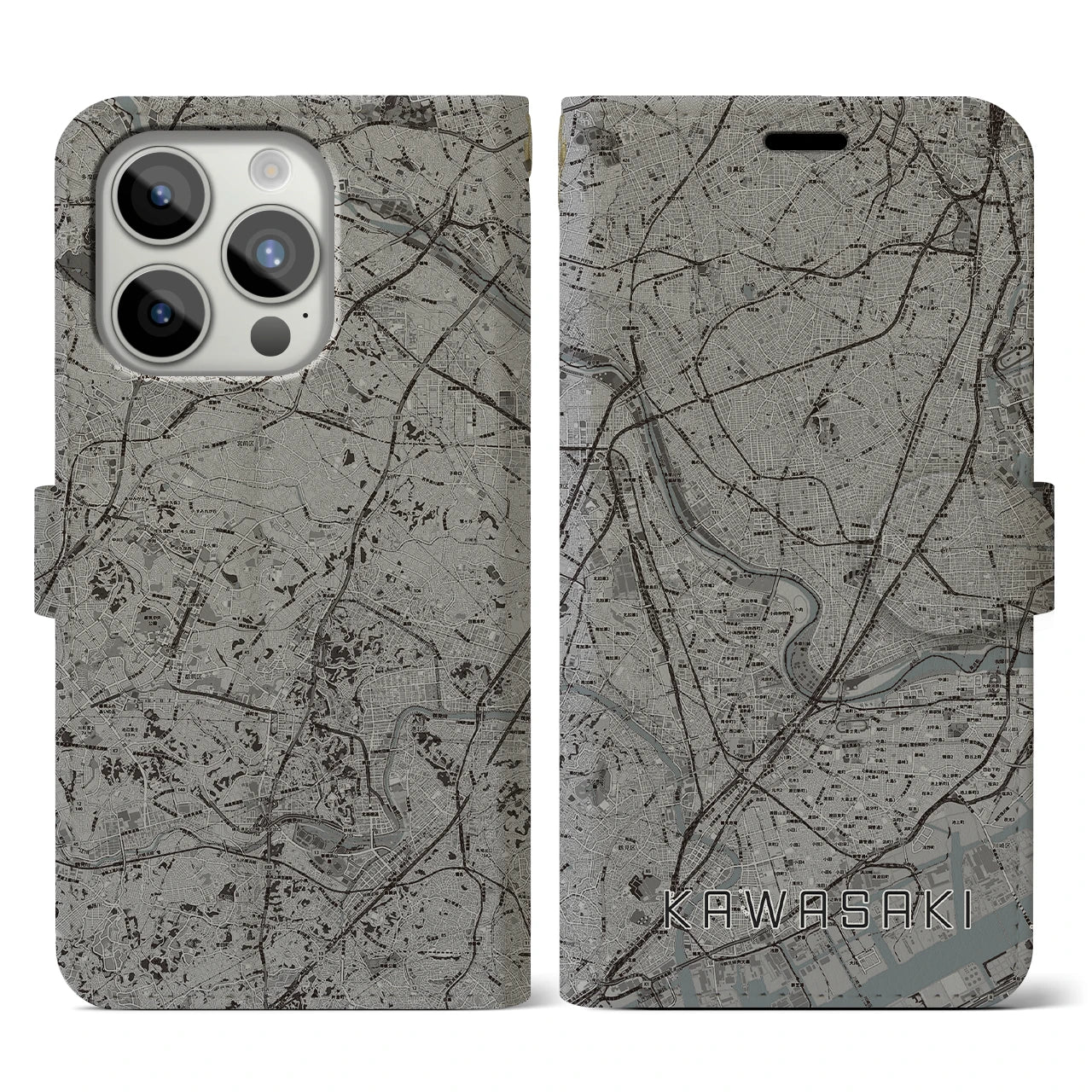 【川崎(神奈川県)】地図柄iPhoneケース(手帳タイプ)モノトーン・iPhone 15 Pro 用