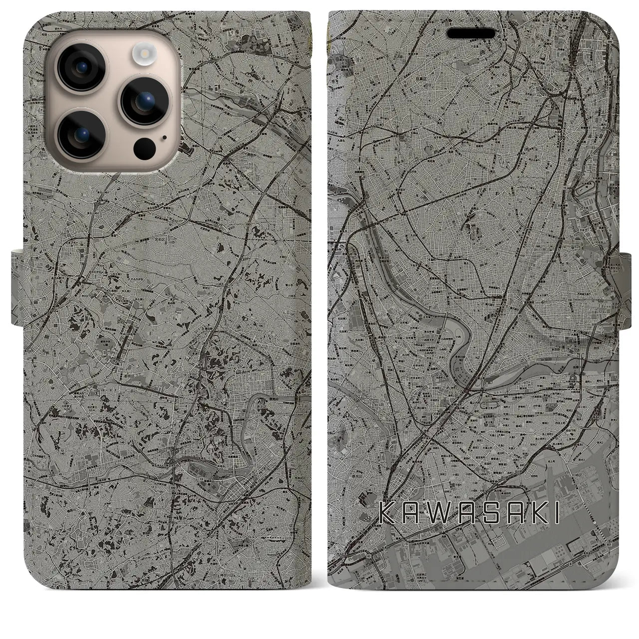 【川崎(神奈川県)】地図柄iPhoneケース(手帳タイプ)モノトーン・iPhone 16 Plus 用