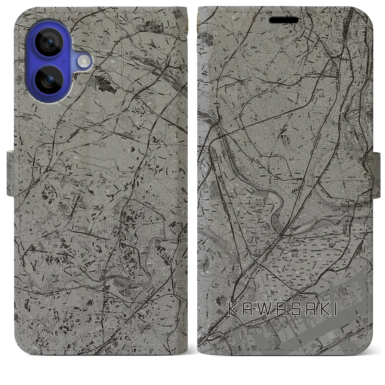 【川崎(神奈川県)】地図柄iPhoneケース(手帳タイプ)モノトーン・iPhone 16 Pro Max 用