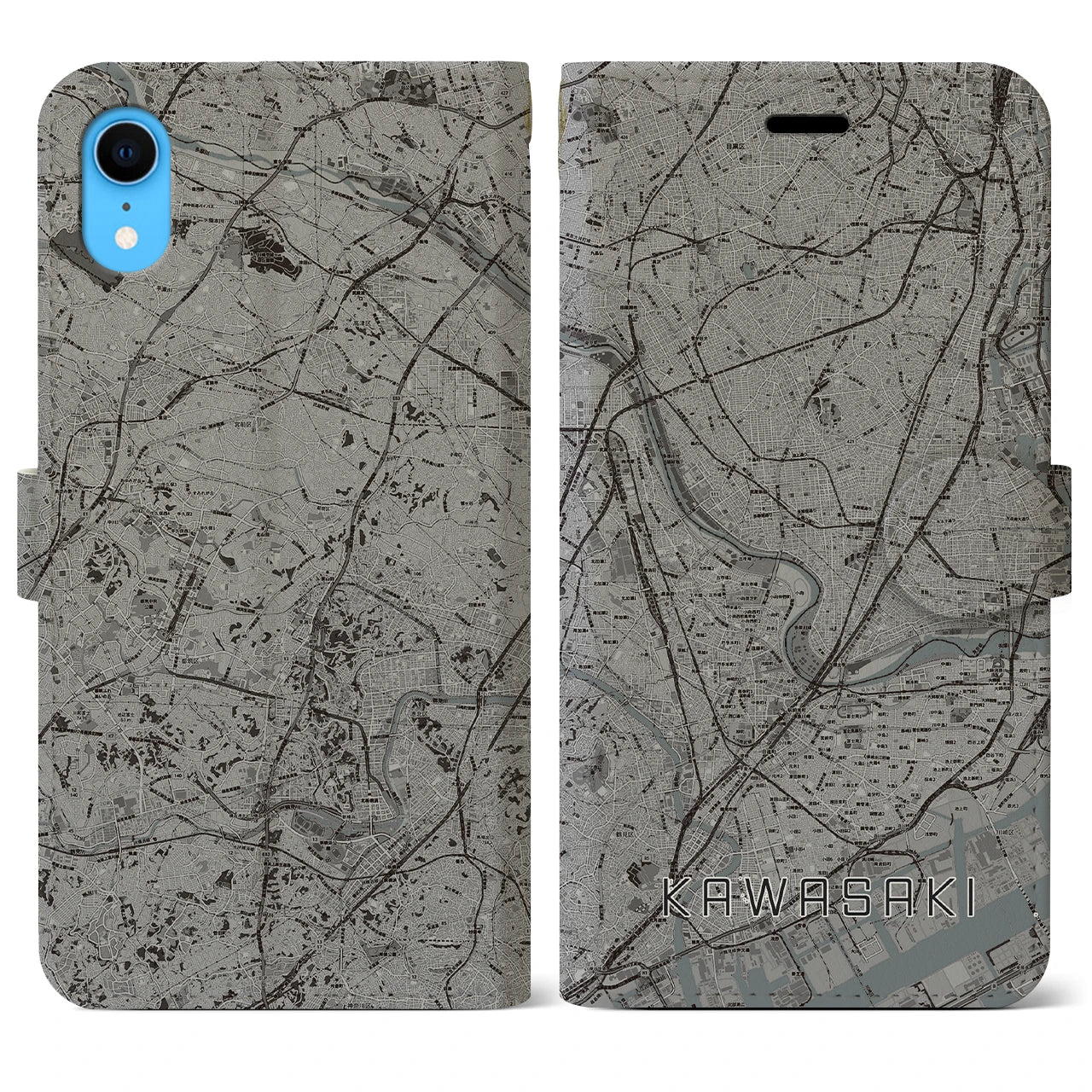 【川崎(神奈川県)】地図柄iPhoneケース(手帳タイプ)モノトーン・iPhone XR 用